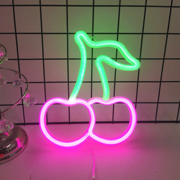 [Vibrant LED Cherry Neon Sign] 1pc Vibrant LED Cherry Neon Sign - Red Fruit Wall Art with Green Leaves, USB/Battery Powered Wall-Mounted Night Light for Bedroom, Bar, Party, Game Room Decor, Fruit Decor, Bar Decoration, Plast