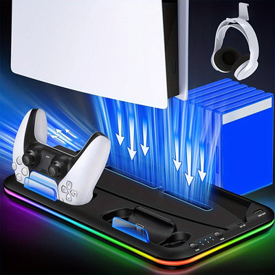 RGB PS5 Cooling Stand & Rapid Charger - High-Performance Fan, Dual Dock, Compatible with Disc & Digital Edition, Complete Set including Headset Stand, 6 Game Slots, Screws & Dust Cover