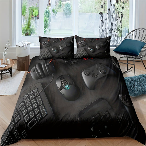 2/3pcs Modern Gamepad Print Duvet Cover Set (1Duvet Cover+1/2Pillowcase), Youth Video Game Controller Mouse Keyboard Headphone Gaming Equipment Pattern Bedding Set For Bedroom Dorm Room (No Quilt)