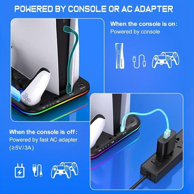 RGB PS5 Cooling Stand & Rapid Charger - High-Performance Fan, Dual Dock, Compatible with Disc & Digital Edition, Complete Set including Headset Stand, 6 Game Slots, Screws & Dust Cover