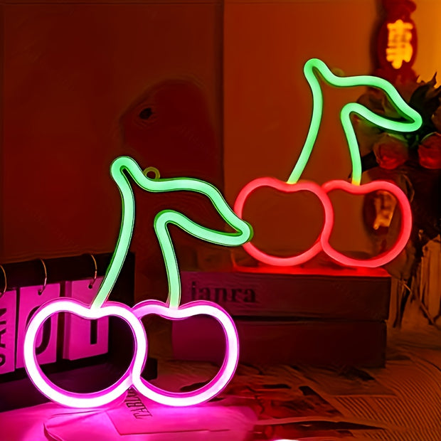 [Vibrant LED Cherry Neon Sign] 1pc Vibrant LED Cherry Neon Sign - Red Fruit Wall Art with Green Leaves, USB/Battery Powered Wall-Mounted Night Light for Bedroom, Bar, Party, Game Room Decor, Fruit Decor, Bar Decoration, Plast