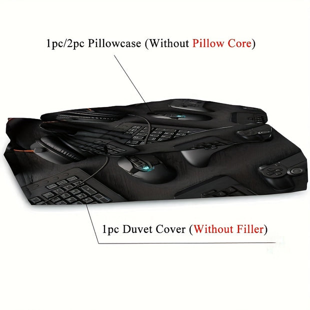 2/3pcs Modern Gamepad Print Duvet Cover Set (1Duvet Cover+1/2Pillowcase), Youth Video Game Controller Mouse Keyboard Headphone Gaming Equipment Pattern Bedding Set For Bedroom Dorm Room (No Quilt)