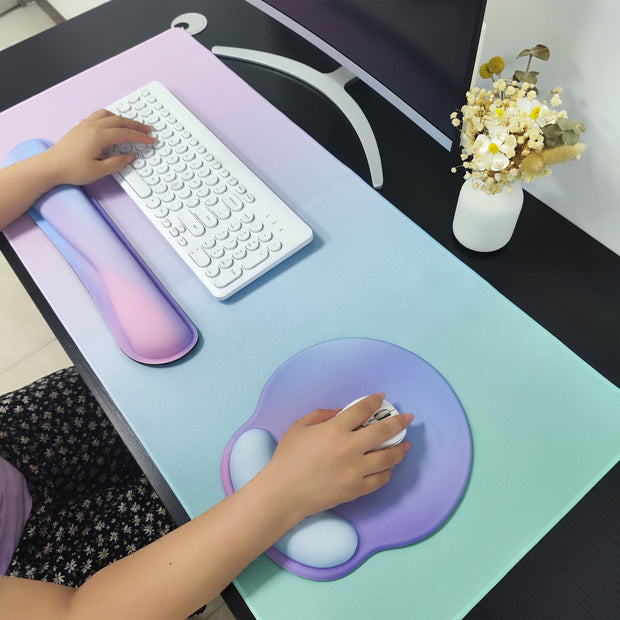 Keyboard Mouse Pad Set, 4in1 Large Gaming Mousepad + Keyboard Wrist Rest Support + Mouse Wrist Cushion + Wrist Pad, Non-Slip PU Base, 35.4x15.7in Extended Desk Mat For Home And Office