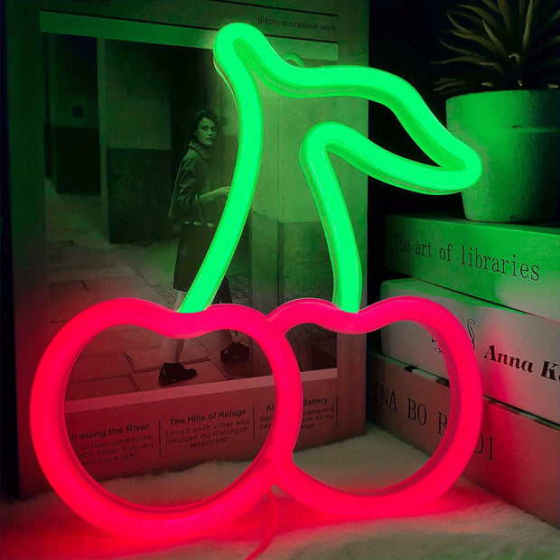 [Vibrant LED Cherry Neon Sign] 1pc Vibrant LED Cherry Neon Sign - Red Fruit Wall Art with Green Leaves, USB/Battery Powered Wall-Mounted Night Light for Bedroom, Bar, Party, Game Room Decor, Fruit Decor, Bar Decoration, Plast