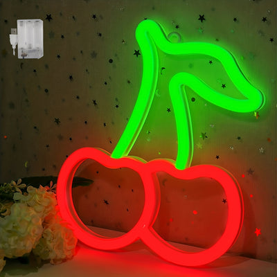 [Vibrant LED Cherry Neon Sign] 1pc Vibrant LED Cherry Neon Sign - Red Fruit Wall Art with Green Leaves, USB/Battery Powered Wall-Mounted Night Light for Bedroom, Bar, Party, Game Room Decor, Fruit Decor, Bar Decoration, Plast