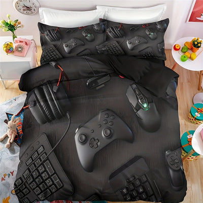 2/3pcs Modern Gamepad Print Duvet Cover Set (1Duvet Cover+1/2Pillowcase), Youth Video Game Controller Mouse Keyboard Headphone Gaming Equipment Pattern Bedding Set For Bedroom Dorm Room (No Quilt)