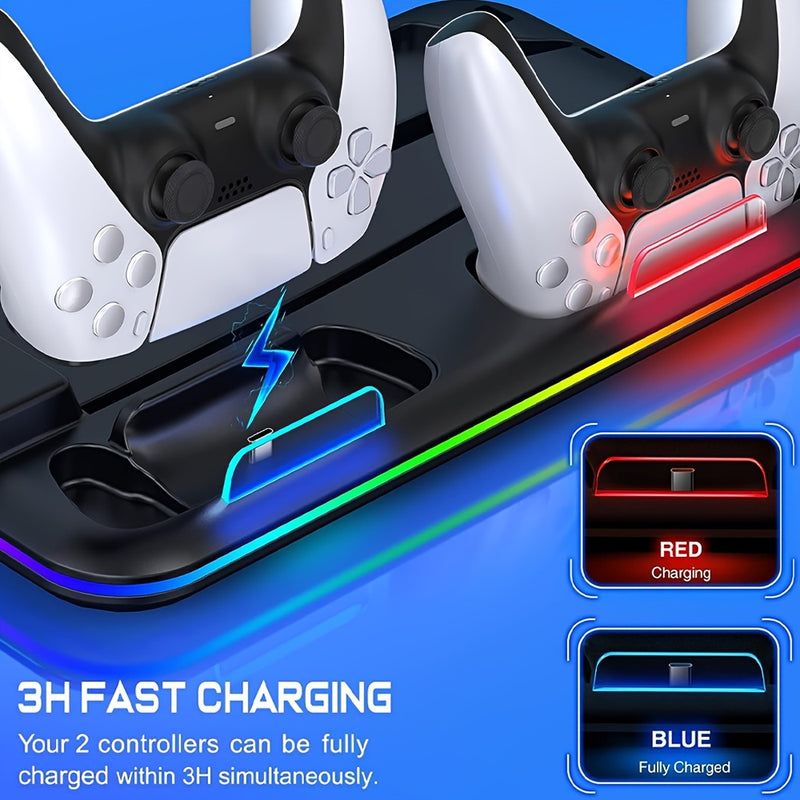 RGB PS5 Cooling Stand & Rapid Charger - High-Performance Fan, Dual Dock, Compatible with Disc & Digital Edition, Complete Set including Headset Stand, 6 Game Slots, Screws & Dust Cover