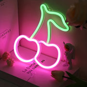 [Vibrant LED Cherry Neon Sign] 1pc Vibrant LED Cherry Neon Sign - Red Fruit Wall Art with Green Leaves, USB/Battery Powered Wall-Mounted Night Light for Bedroom, Bar, Party, Game Room Decor, Fruit Decor, Bar Decoration, Plast