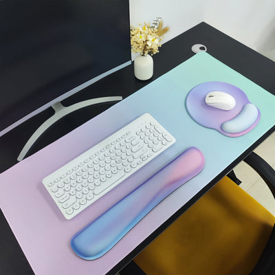 Keyboard Mouse Pad Set, 4in1 Large Gaming Mousepad + Keyboard Wrist Rest Support + Mouse Wrist Cushion + Wrist Pad, Non-Slip PU Base, 35.4x15.7in Extended Desk Mat For Home And Office