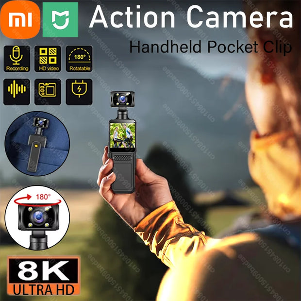 Xiaomi New Action Camera 8K HD 180 ° Rotating Mini Portable Camera Mini Sports Wearable Camera Infrared Night Vision Sports DV