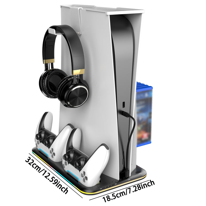 RGB PS5 Cooling Stand & Rapid Charger - High-Performance Fan, Dual Dock, Compatible with Disc & Digital Edition, Complete Set including Headset Stand, 6 Game Slots, Screws & Dust Cover