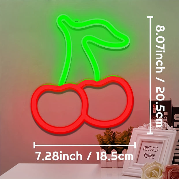 [Vibrant LED Cherry Neon Sign] 1pc Vibrant LED Cherry Neon Sign - Red Fruit Wall Art with Green Leaves, USB/Battery Powered Wall-Mounted Night Light for Bedroom, Bar, Party, Game Room Decor, Fruit Decor, Bar Decoration, Plast