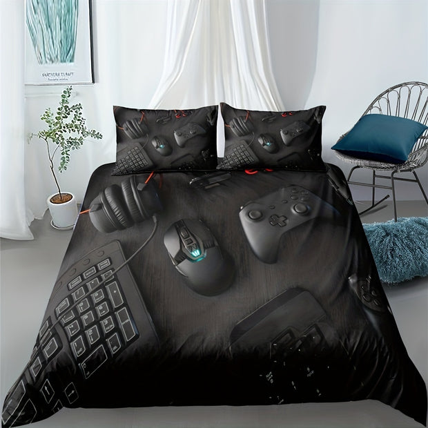 2/3pcs Modern Gamepad Print Duvet Cover Set (1Duvet Cover+1/2Pillowcase), Youth Video Game Controller Mouse Keyboard Headphone Gaming Equipment Pattern Bedding Set For Bedroom Dorm Room (No Quilt)