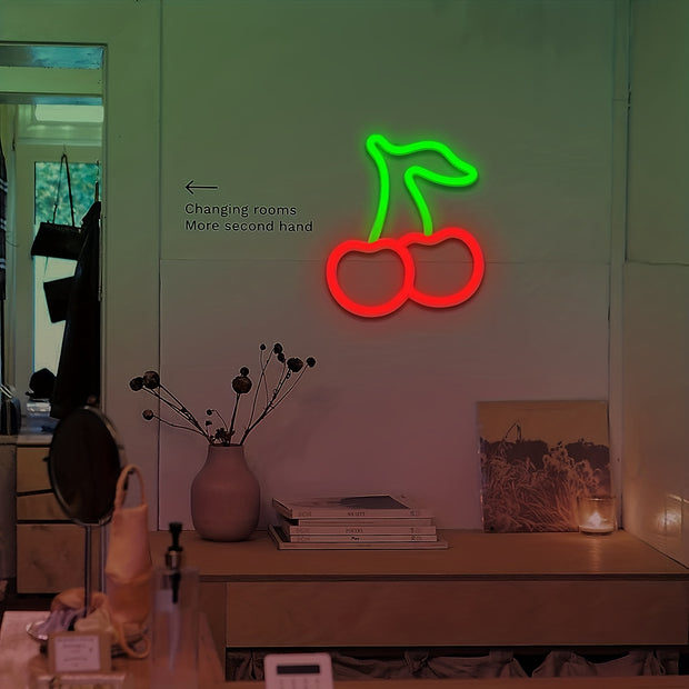 [Vibrant LED Cherry Neon Sign] 1pc Vibrant LED Cherry Neon Sign - Red Fruit Wall Art with Green Leaves, USB/Battery Powered Wall-Mounted Night Light for Bedroom, Bar, Party, Game Room Decor, Fruit Decor, Bar Decoration, Plast